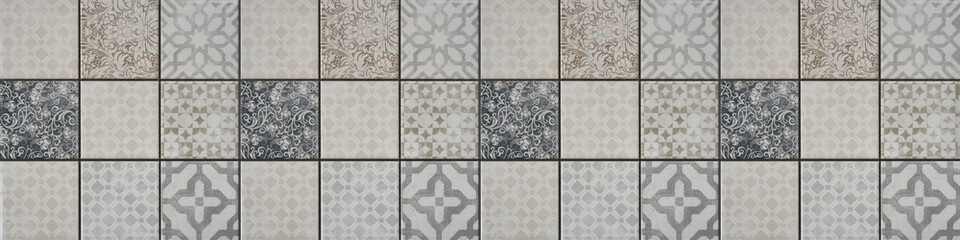  Seamless white beige gray grey vintage retro geometric square mosaic motif cement concrete stone tiles texture wide background banner panorama