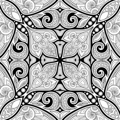 Monochrome Seamless Pattern with Mosaic Motif. Endless Floral Texture in Paisley Indian Style. Tile Ethnic Background. Coloring Book Page. Vector Contour Illustration. Abstract Mandala Art