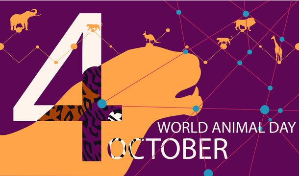 stylized poster Design for the world animal day in the trending colors of autumn. Image of a leopard's head in geometric style and animals. EPS10