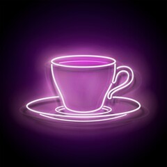 Glow Signboard with a Cup of Coffee. Cafe Label. Cappuccino, Espresso, Americano Drink. Neon Poster, Flyer, Banner, Invitation. Glossy Background. Vector 3d Illustration