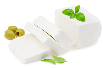 Slices feta cheese with olives and basil isolated on white background. Clipping path and full depth of field