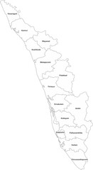 Kerala political map with name labels. White background.