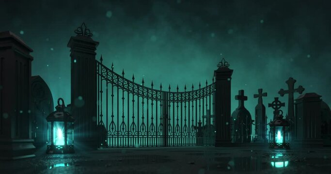 Cemetery entrance gate with shining lanterns around at dark scary night. Halloween holiday topic as seamless loop 4k video background.