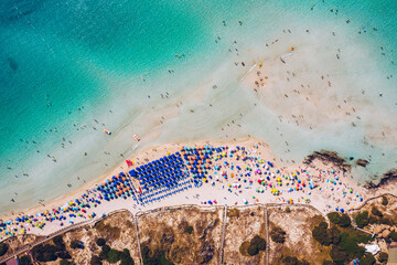 Stunning aerial view of Pelosa Beach (Spiaggia Della Pelosa). Stintino, Sardinia, Italy. La Pelosa beach, Sardinia, Italy. La Pelosa beach, probably the most beautiful beach in Sardinia, Italy
