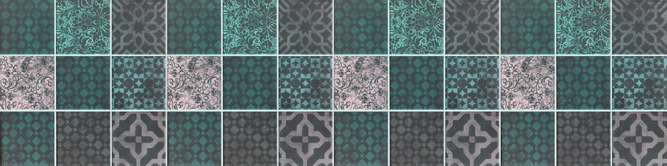 Seamless anthracite dark gray grey green vintage retro geometric square mosaic motif cement...