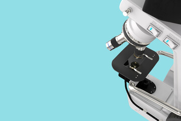 96 MPx high resolution renders of electronic microscope with fictive design isolated on blue - realistic 3d illustration of object
