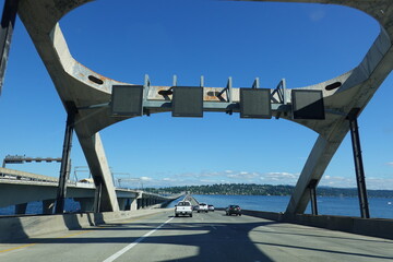 Toll bridge on SR 520 going over lake Washington, USA.