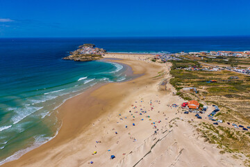 Campismo beach and Dunas beach and Island Baleal near Peniche on the shore of the Atlantic ocean in west coast of Portugal. Beautiful Baleal beach at Baleal peninsula close to Peniche, Portugal.