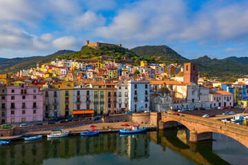 Beautiful view of Bosa town, Sardinia island, Italy. Travel destination. Bosa town with Ponte...