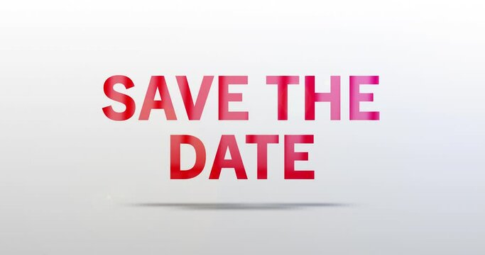 Save the date. Particle Logo. Text Animation. Red word on grey background. High quality 4k intro/opener