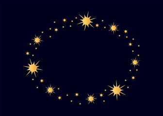 Vector golden circle star frame. Wreath for design, logo template. Stardust, stars, starry sky. Round frame with stars and glitter dots on white background. Vector background for card, invitation.