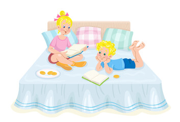 Children are reading books while sitting and lying on the bed. In cartoon style. Isolated on white background. Vector flat illustration.
