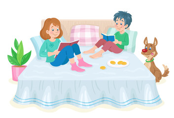 Boy and girl are reading books while sitting on the bed. Funny dog ​​nearby. In cartoon style. Isolated on white background. Vector flat illustration.