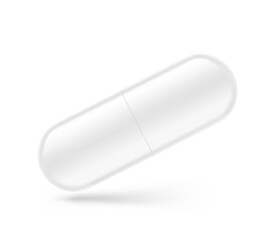 Realistic white capsule with two halves mockup. Vector illustration isolated on white background. Can be used for medical and cosmetic. EPS10.	
