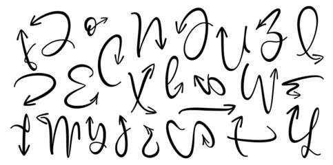 Set black drawing arrows and icons. Vector background. Graphic for website.