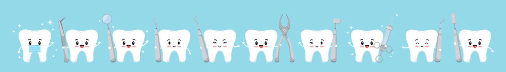 Cute happy tooth with mask and dental tools icons set isolated on blue background. White sweet teeth emoji sign with stomatology instruments in hands vector flat design cartoon style illustration.