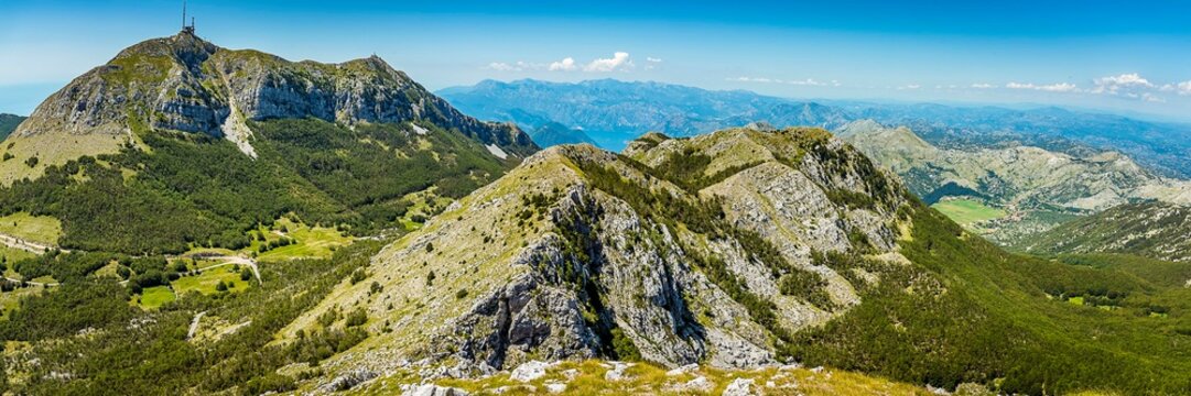 Panoramic View from Mount  Jezerski vrh near the town of Cetinje Montenegro towards the highest peak in the Lovcen mountains, Mount &Scaron;tirovnik and the bay of Kotor in the distance