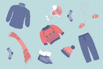 a set of warm clothes consisting of warm pants, jackets, boots, sweaters, hats, scarves and mittens on a light blue background