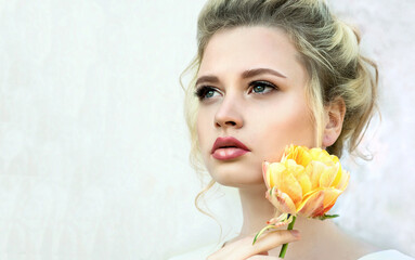 Fototapeta premium Beauty smiling model with natural nude make up and long eyelashes.