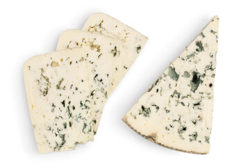 Blue cheese isolated on white background with clipping path and full depth of field. Top view. Flat lay.