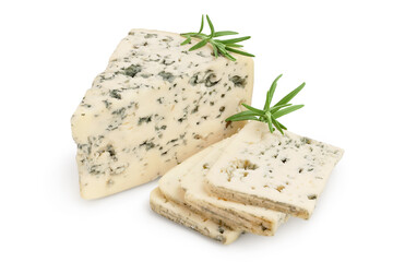 Blue cheese with rosemary isolated on white background with clipping path and full depth of field.