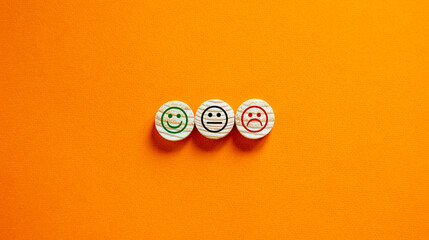 Various emoticons made of wooden circles drawn lines of a mouth. Over orange background in a conceptual image of quality and feedback.