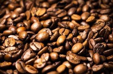 Coffee beans with shallow depth of field and vignette.