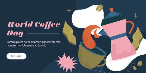 Coffee day, Breakfast banner, good morning poster card with cup and croissant, food vector concept, modern restaurant