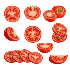 Fresh cartoon tomatoes. Red vegetables in flat design. Cut an sliced, single and group farm fresh tomatoes. Vector illustrations isolated on white background.