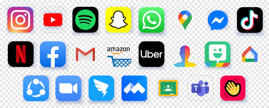 Top Free Charts apps in the world in 2020. Set icons zoom, tiktok, dingtalk, facebook, youtube, netflix, instagram, voov meeting, microsoft teams, houseparty, Spotify, Snapchat, Google Maps, Amazon