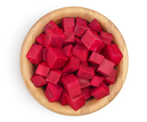 beetroot diced in wooden bowl isolated on white background with clipping path and full depth of field. Top view. Flat lay