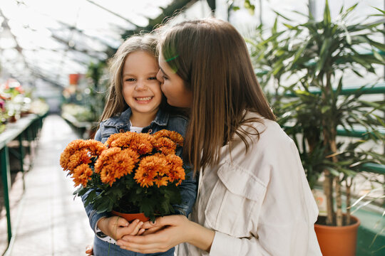 Pretty Little Girl Smiling While Her Mom Kissing Her. Photo Of Caucasian Family Spending Time In Orangery.