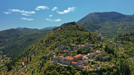 Aerial drone photo of medieval byzantine old city of Mystras featuring Monastery of Pantanassa,...