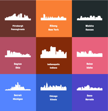 Set of 9 City silhouette (Detroit, Reno, Chicago, Wichita, Pittsburgh, Boise, Albany, Dayton, Indianapolis)