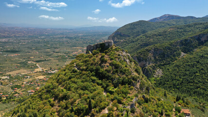 Aerial drone photo of iconic medieval byzantine uphill castle of Mystras with great scenic view to...