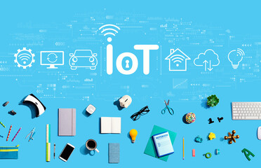 IoT theme with collection of electronic gadgets and office supplies