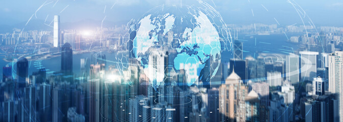 Globe Global business technology concept of modern city background. Website header.