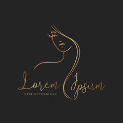 Hair extensions logo with gold color. Elegant silhouette of a girl with long hair on a black background - obrazy, fototapety, plakaty
