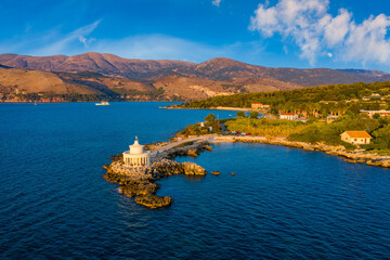 Aerial view of Lighthouse of Saint Theodore in Lassi, Argostoli, Kefalonia island in Greece. Saint...