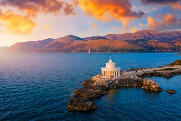  Aerial view of Lighthouse of Saint Theodore in Lassi, Argostoli, Kefalonia island in Greece. Saint Theodore lighthouse in Kefalonia island, Argostoli town, Greece, Europe. © daliu