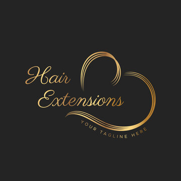 Hair extensions logo with gold color. Heart made of curls of hair