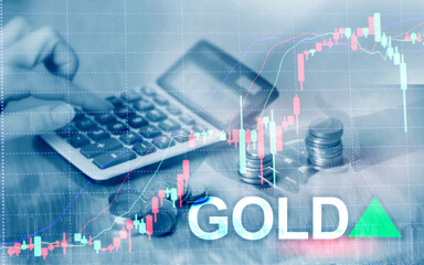 Gold trend up. Gold price stock exchange trading up. Price Gold up. Arrow rises. Abstract business background.