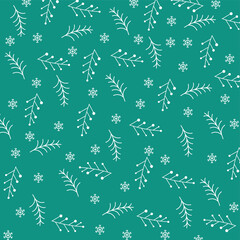 Christmas Icons Seamless Pattern with New Year Tree, Snow and Stars. Happy Winter Holiday Wallpaper with Nature Decor elements. Fir Tree branch and snowflakes tiled background design