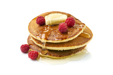 Pancakes with butter honey and raspberries on white