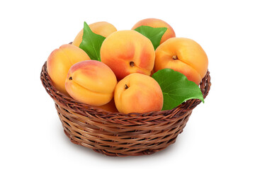 apricot fruit in Wicker basket isolated on white background. Clipping path and full depth of field