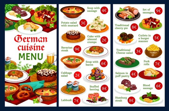 German food restaurant menu template. German cuisine meals with pork pork meat, traditional bavarian sausages and dishes with herring, potato and cabbage salads, beef and stake, dessert cakes vector