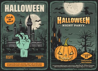 Haunted house with Halloween pumpkin, zombie hand, witch and bat, trick or treat night party vector invitations. Horror graveyard with moon, trees and gravestones, old castles and cemetery monsters