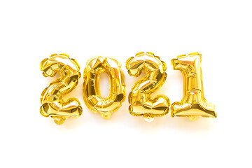 Foil balloons in the form of numbers 2021. New year celebration. Gold air balloons. Holiday party decoration. top view