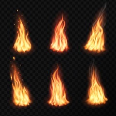 Fire, campfire isolated vector torch flame. Burning bonfire glow orange and yellow shining flare blaze effect with sparks, flying particles, embers and steam. Realistic 3d ignition tongues set