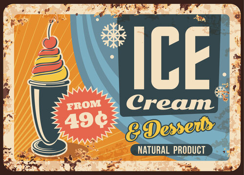 Ice cream vector rusty metal plate. Fruit icecream in cup, sweet dessert ad for cafe vintage rust tin sign. Cold dairy treat snack with cherry on top advertising poster, promo card design, price tag